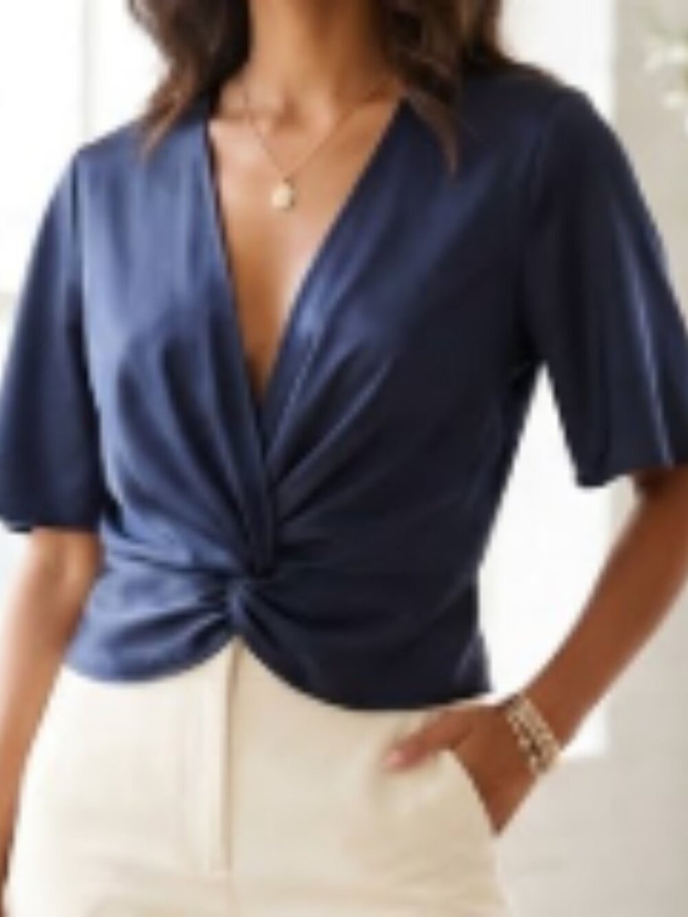 RO & DE Navy Blue Satin Twist Front Cropped Blouse sz S